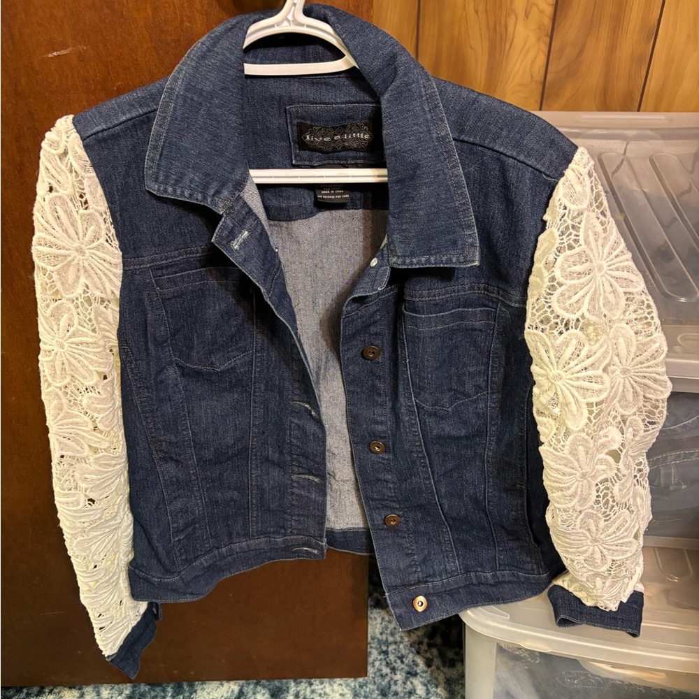 Maurices Blue Denim Jacket with Cream Lace Sleeves